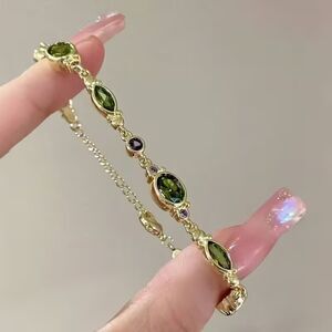 Gold Gemstone Link Tennis Bracelet Green & Purple Glass Crystal Charm Adjustable